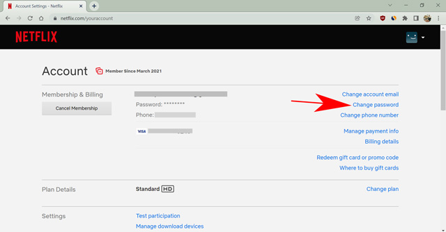 change Netflix password option