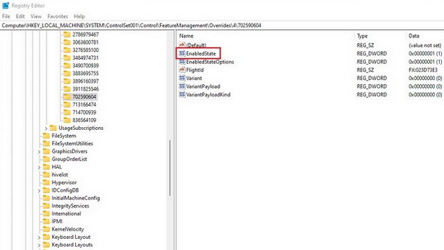 click on enabled state in registry editor