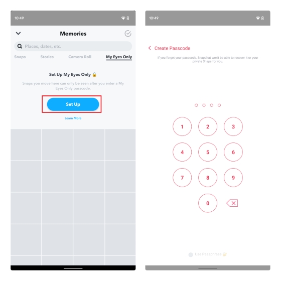 create my eyes only passcode snapchat