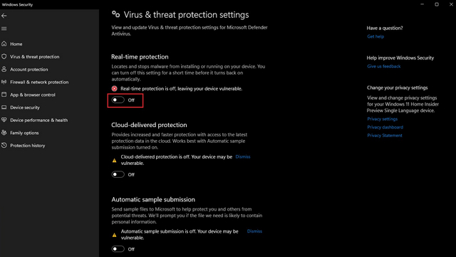 Disable Windows Defender on Windows 11 from Settings app