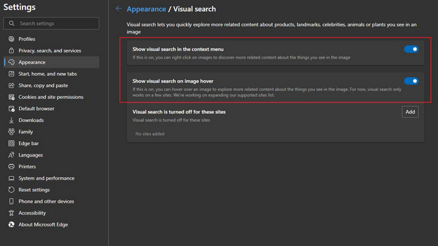 enable visual search edge