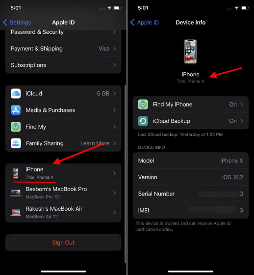 find iphone model name in apple id profile page under settings