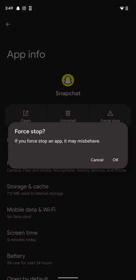 forcer l'arrêt de la confirmation de snapchat