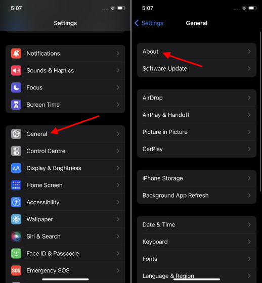 iphone settings - about