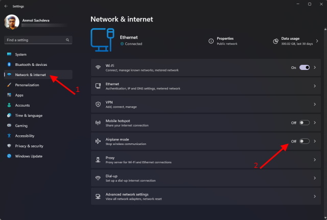 make sure airplane mode is disabled - windows 11 settings