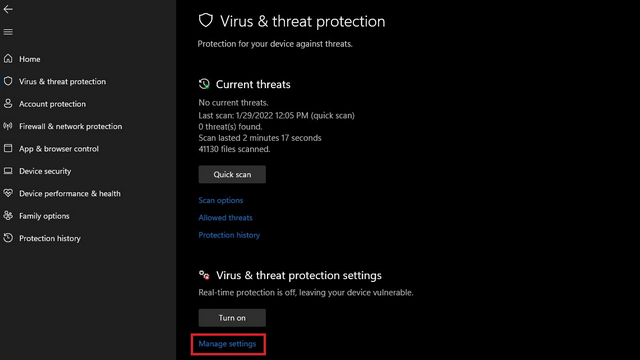 manage settings windows security