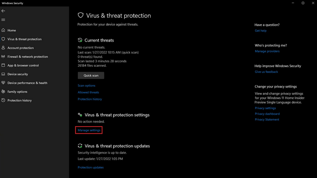 manage virus and threat protection settings