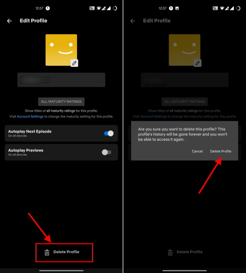 netflix profile delete option - android and ios - 2