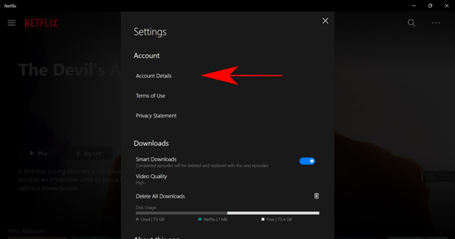 open account settings on Netflix computer app