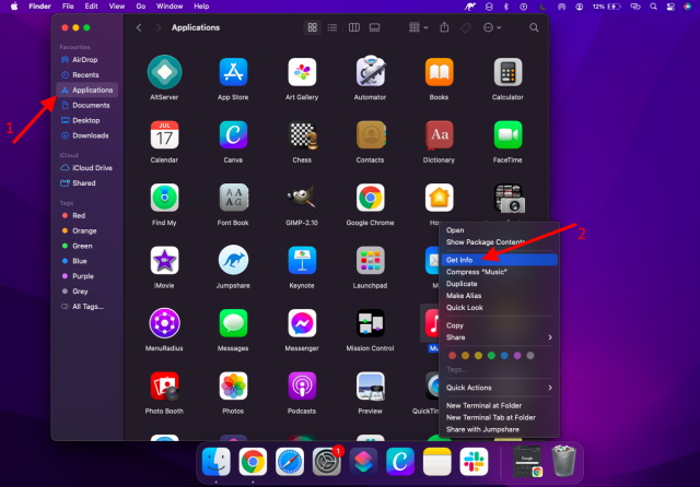 افتح صفحة الحصول على معلومات من مجلد التطبيقات في Finder على macbook pro