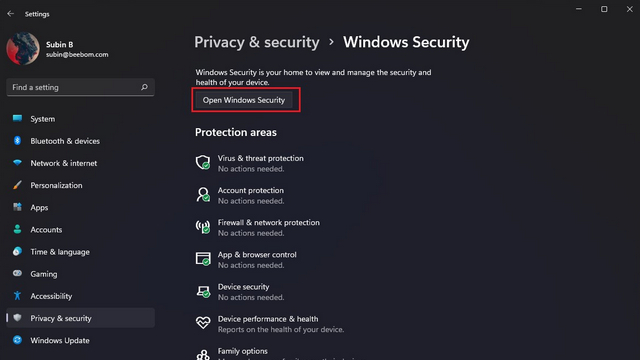 open windows security option in windows 11 settings app