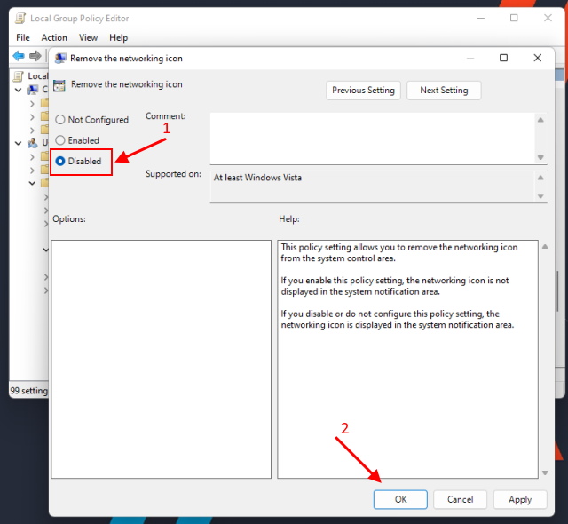 remove the networking icon - disabled - windows 11