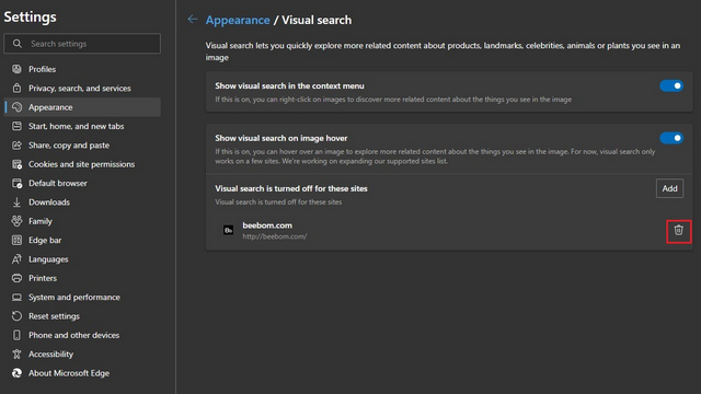 remove visual search exception