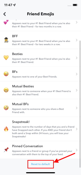 إعادة تعيين إلى الافتراضي - snapchat emoji