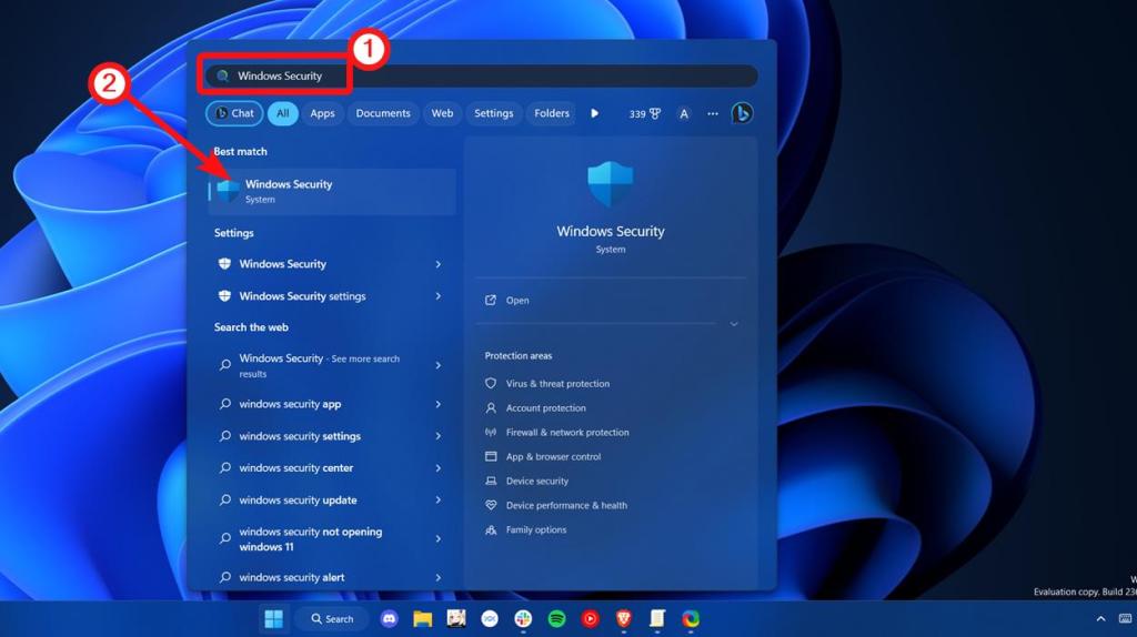 search for Windows security in start menu - Disable Windows Defender Windows 11