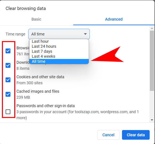 select which data to delete in browser cache