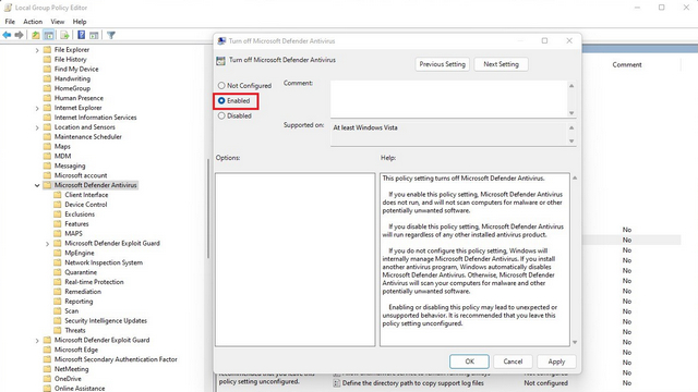 Disable Windows Defender in Windows 11 from the policy editor
