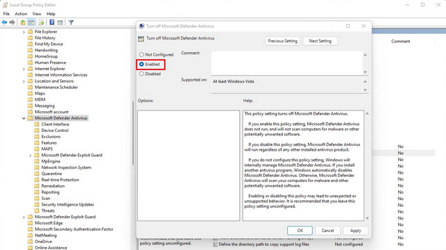 Deshabilite Windows Defender en Windows 11 desde el editor de políticas