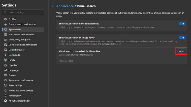 turn off visual search for specific sites