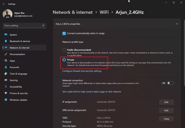 4. اضبط شبكة WiFi على "خاص"