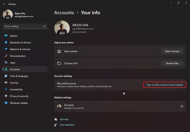 Method 4: Switch from Microsoft Account to Local Account on Windows 11