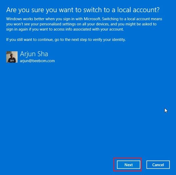 Confirm that you want to use a local account