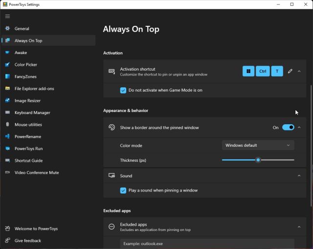 Always-on-Top PowerToys settings
