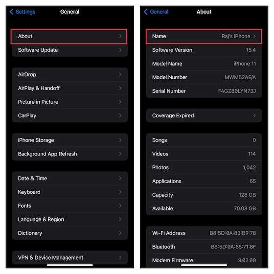 About section on iOS settings