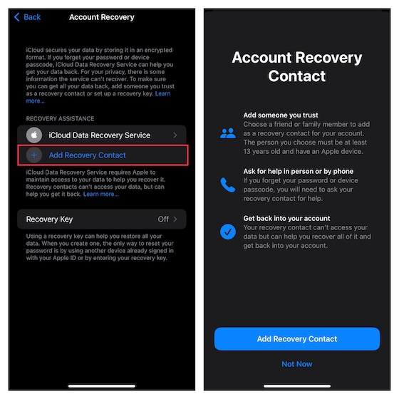 Add Recovery Contact on iPhone and iPad