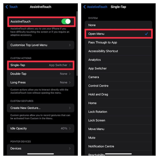 AssistiveTouch menu on iOS
