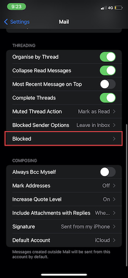 Blocked in Mail settings on iPhone