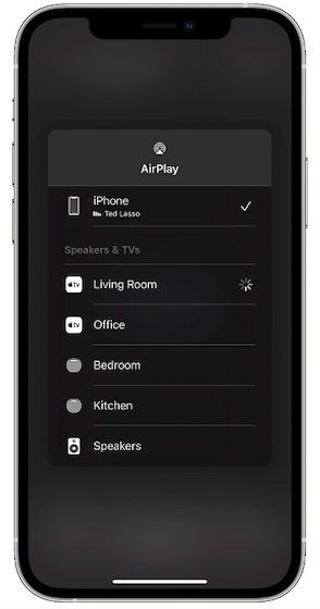 Choose AirPlay compatible device in control center 