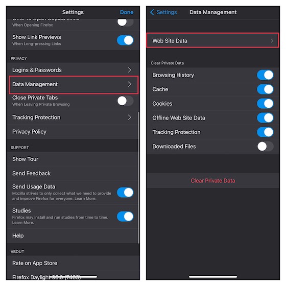 Choose Data management in Firefox