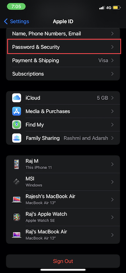 Choose Password and Security in iOS setting