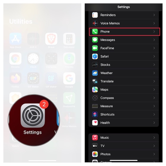 Choose Phone in iOS setting