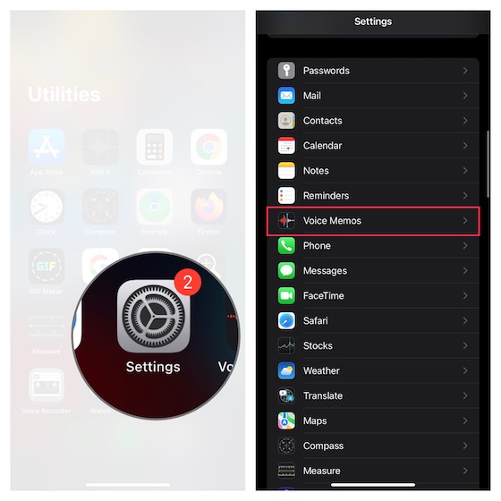 Choose Voice Memos in Settings on iPhone and iPad
