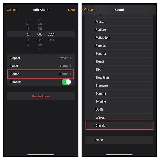 Choose alarm sound on iPhone 