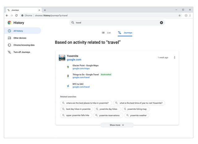 Google Chrome history journeys page