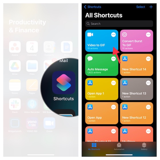 run the Video to GIF shortcut on iPhone