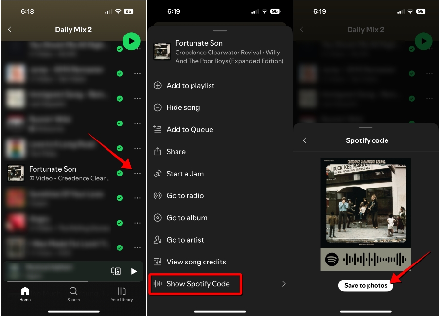 screenshots featuring the process of creating Spotify Codes inside the Spotify app on an iPhone