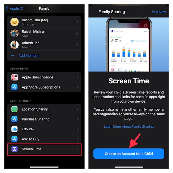 قم بإنشاء حساب لطفل iOS