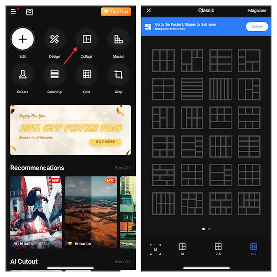 complex collage layouts in fotor app on iphone