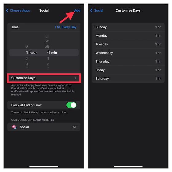 Customize days for app limits on iOS