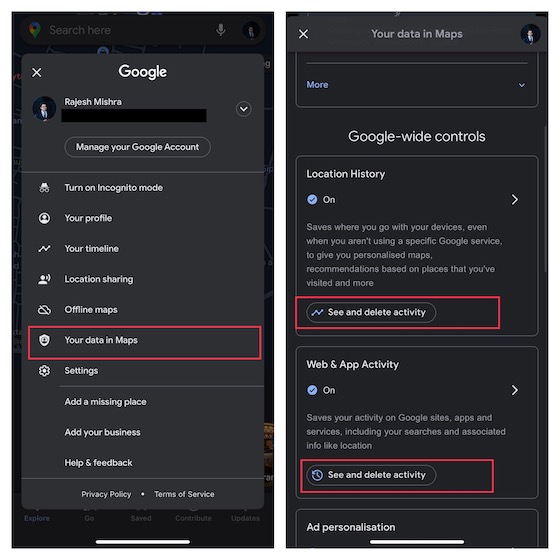 Delete Google Maps history on iPhone and iPad