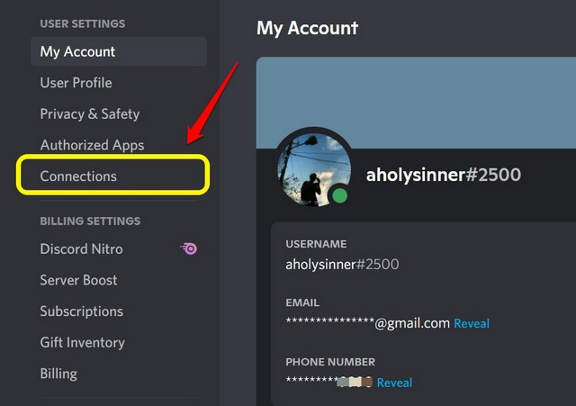 connections option under user settings in discord