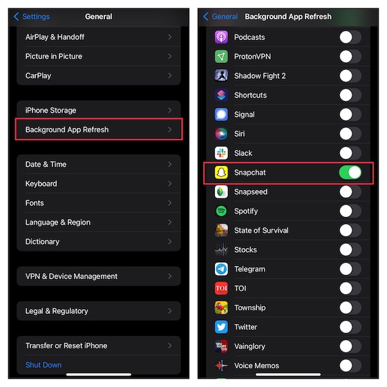 Enable background app refresh for Snapchat on iOS