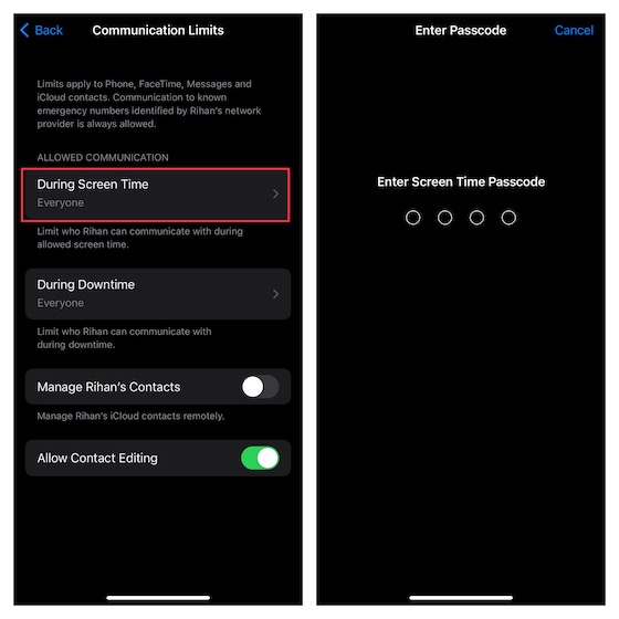 تخصيص حدود الاتصال على iOS