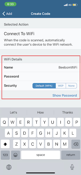 Entrez Vos Détails Wi-Fi Dans L'Application Visual Codes Sur Iphone Et Ipad