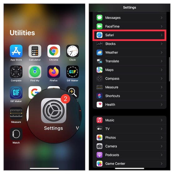 Go to Safari setting on iOS