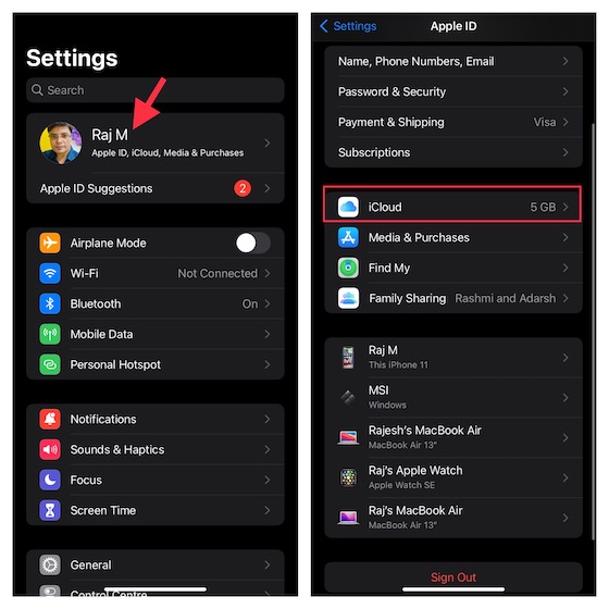 Go to iCloud settings on iPhone and iPad 